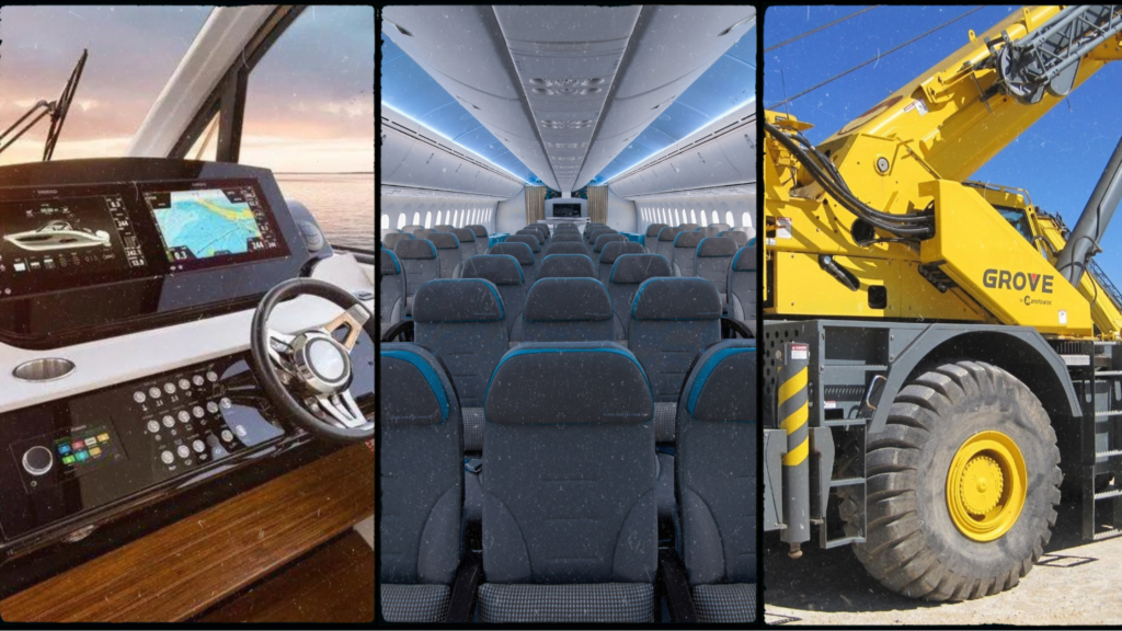 Triptych featuring a plastic dash on a boat, the interior of an airplane cabin, and a construction vehicle.